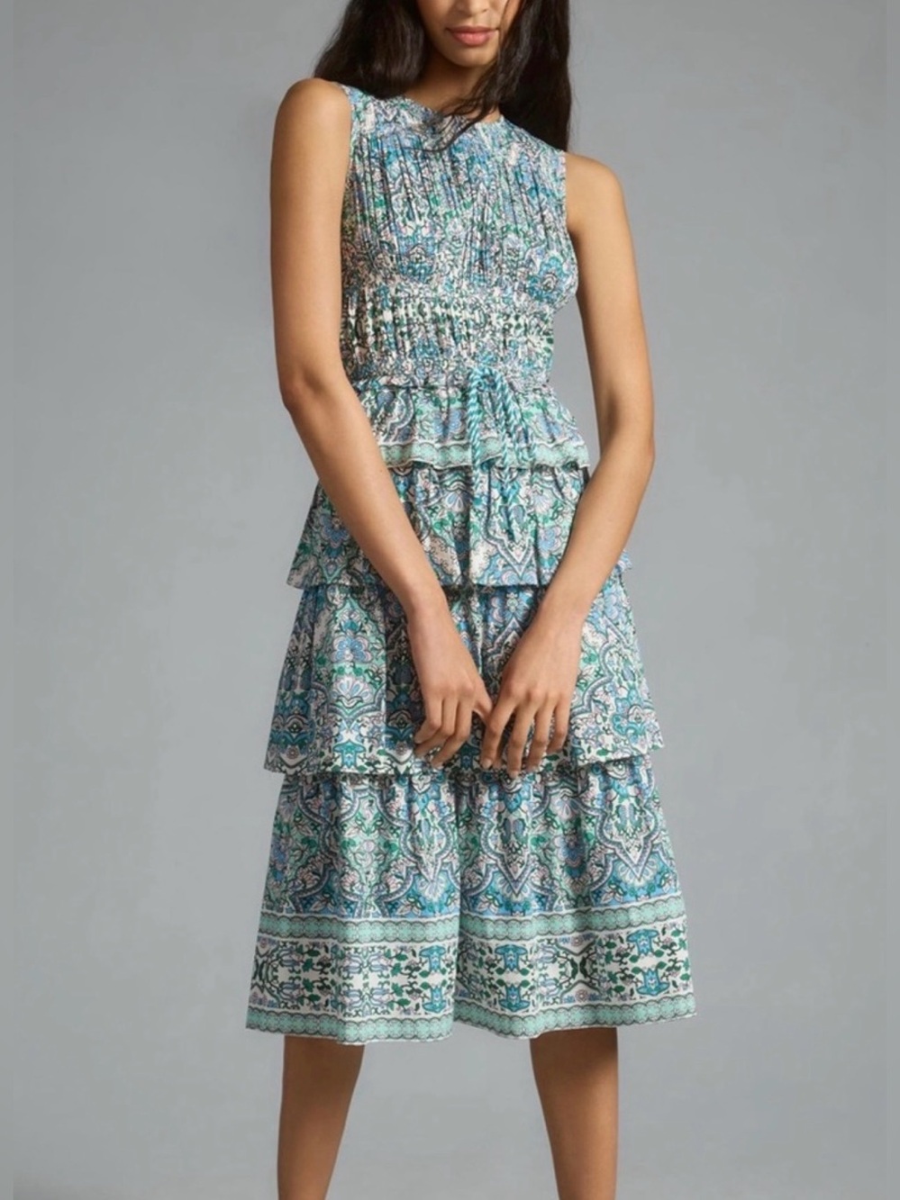Shoshanna Mariette Sleeveless Tiered Smocked Midi Dress in Blue-Green Print H13